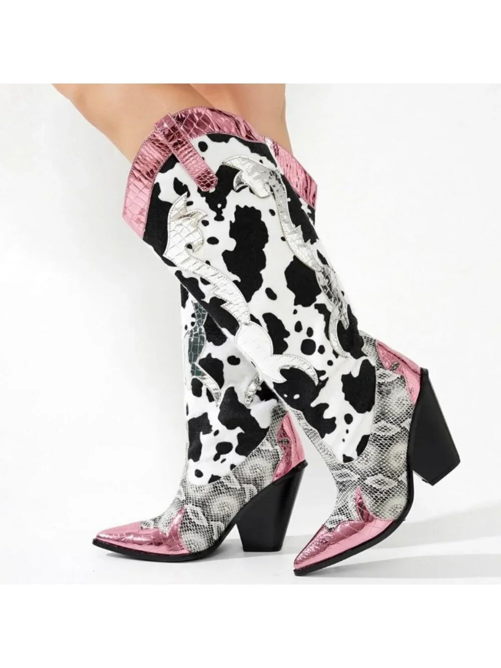 Women's Pink Polyurethane Animal Print Pull-On Pointed Toe Over The Knee Boots